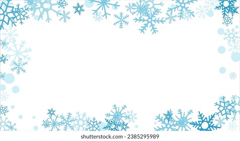 Square winter snow frame with blue snowflakes on a white background. Festive Christmas banner, New Year card. Symbols of frosty winter. Vector illustration.