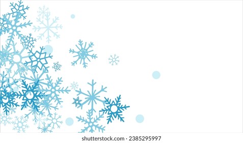 Square winter snow frame with blue snowflakes on a white background. Festive Christmas banner, New Year card. Symbols of frosty winter. Vector illustration.