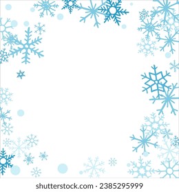 Vierter Winterschneerahmen mit blauen Schneeflocken auf weißem Hintergrund. Weihnachtsbanner, Neujahrskarte. Symbole des frostigen Winters. Vektorgrafik.