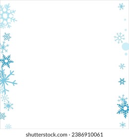 Square winter snow frame with blue snowflakes on a white background. Festive Christmas banner, New Year card. Symbols of frosty winter. Vector illustration.