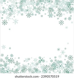 Square winter snow frame with blue snowflakes on a white background. Festive Christmas banner, New Year card. Symbols of frosty winter. Vector illustration.