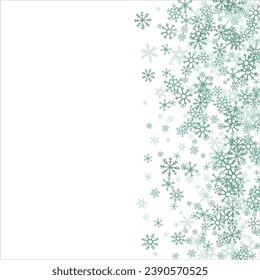 Square winter snow frame with blue snowflakes on a white background. Festive Christmas banner, New Year card. Symbols of frosty winter. Vector illustration.