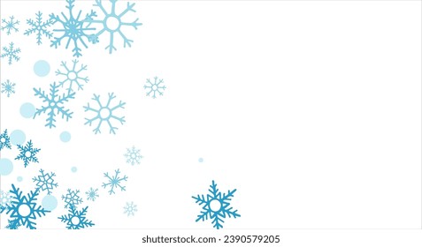 Nieve cuadrada de invierno con copos de nieve azules sobre fondo blanco. Cartel de Navidad festivo, tarjeta de Año Nuevo. Símbolos de invierno helado. Ilustración vectorial.