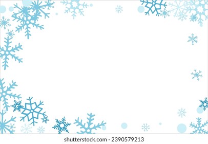 Square winter snow frame with blue snowflakes on a white background. Festive Christmas banner, New Year card. Symbols of frosty winter. Vector illustration.