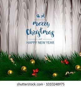 A square wooden board background with a festive inscription lettering "Merry Christmas and Happy New Year" with a gold ball with a  red bow on a branch. Template for the poster. Greeting car