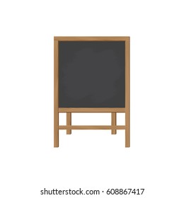 Square wooden board for writing chalk on the legs. A stylish board for menus or for children's creativity. The front view. Vector illustration.