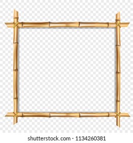 Square wooden border frame made of realistic dry brown bamboo sticks with empty copy space for text or image inside. Vector clip art, banner, poster or photo frame isolated on transparent background