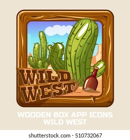 square Wooden box WILD WEST, app icons in vector