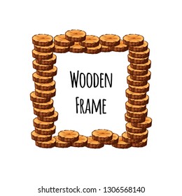 Square wooden frame of pile tree cross section logs isolated on white background. Foursquare timbered border with place for text - flat vector illustration