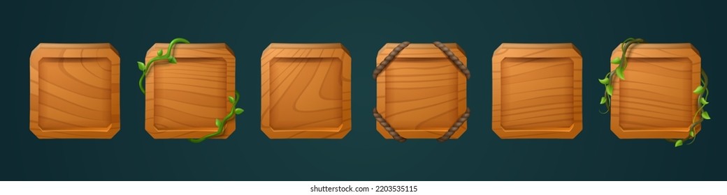 Square wooden frames for game user avatar. Empty boards from brown wood with jungle vines and ropes, game buttons isolated on background, vector cartoon set