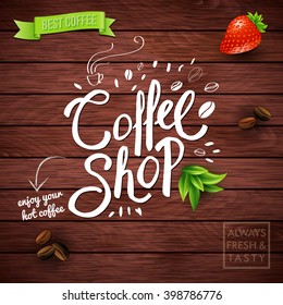 Square wooden paneled background with conceptual coffee symbols, strawberry, beans, banner and logo