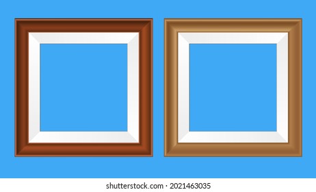 Square wooden or plastic realistic frames for pictures and photos. Vector illustration. Isolated monochromatic background.