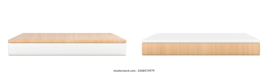 Square wooden platforms set isolated on white background. Vector realistic illustration of podiums or boxes made of natural wood or plastic, product presentation stand, interior design elements