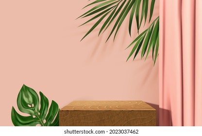 Square wooden podium with tropical leaves and curtains in the pink background. 3d spring scene for displaying cosmetic products.