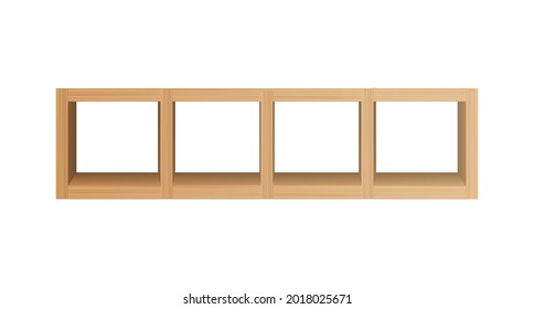 Square wooden shelves template. Empty long rack divided into parts for books and utensils realistic board for home and office vector interior.