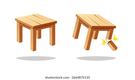 Taburete cuadrado de madera. Taburete de madera roto. Vector de heces aislado sobre fondo blanco.
