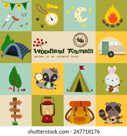 Square Woodland animal camping vector set