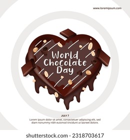 Square world chocolate day background with a delicious chocolate nut cake on a plate