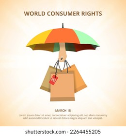 Square world consumer rights day background and hand holding shopping bag