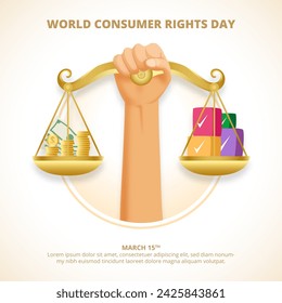 Square World Consumer Rights Day background with a hand holding scales