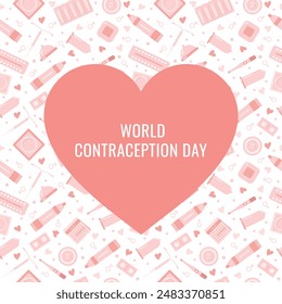 Postal cuadrada del Día Mundial de la Anticoncepción en un estilo plano con un patrón transparente y un corazón. Métodos anticonceptivos. Plantilla para una publicación en medios sociales. Vector