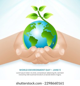 Square world environment day background with hand holding earth with plant
