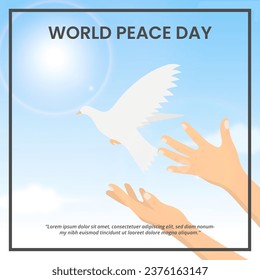 Square World Peace Day background with hands releasing a pigeon