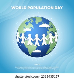 Square world population day background with a cutting paper people decoration and earth illustration