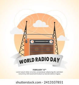 Square World Radio Day background with a radio and transmitters