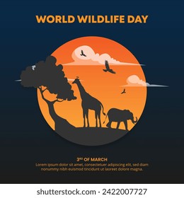 Square World Wildlife Day with silhouette animals and sunset sky