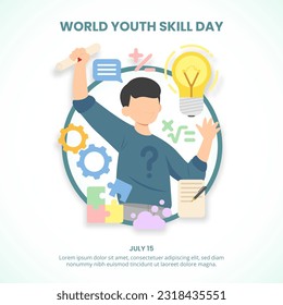 Square world youth skills day background with an illustration of a child with skills