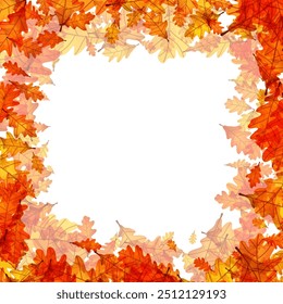 Square wreath of autumn oak leaves in vibrant shades of orange and yellow. Vector illustration.