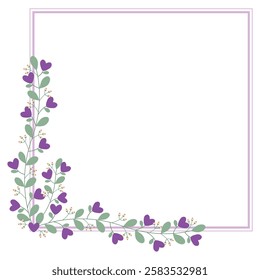 Square Wreath Or Borders Frame With Love Purple Flowers And Green Leaves