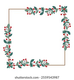 Square Wreath Or Frame With Red Cherry Berries And Green Leaves
