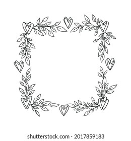 Corona cuadrada con ramas de laurel y corazones de arte lineal. Ilustración vectorial de marco floral aislada en fondo blanco. Deja el borde para monograma de boda, tarjeta de saludo, invitación.