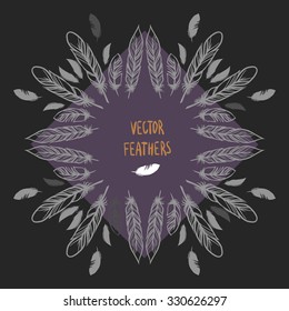 Square wreath with place for your text. Bird feathers on black background. Vector hand drawn illustration