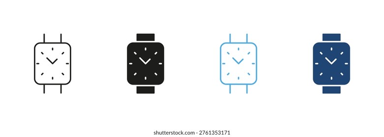Square Wristwatch Icon Set. Timekeeping, Fashion Accessory, And Style Representation Outline And Silhouette Symbol Collection. Modern Design And Versatile Usage. Isolated Vector Illustration.