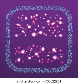 Square xmas frame or border of a random scatter blue stars with christmas lights, snowflakes and sparkles, on a violet background.