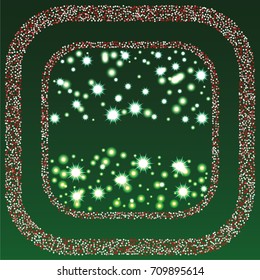 Square xmas frame or border of a random scatter red and white stars with christmas lights, snowflakes and sparkles, on a green background.