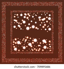 Square xmas frame or border of a random scatter red stars with christmas lights, snowflakes and sparkles, on a burgundy background.