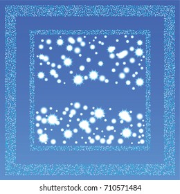 Square xmas frame or border of a random scatter blue stars with christmas lights, snowflakes and sparkles, on a blue background.