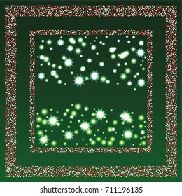 Square xmas frame or border of a random scatter red and white stars with christmas lights, snowflakes and sparkles, on a green background.