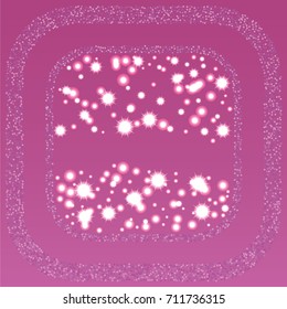 Square xmas frame or border of a random scatter violet and grey stars with christmas lights, snowflakes and sparkles, on an indigo  background.