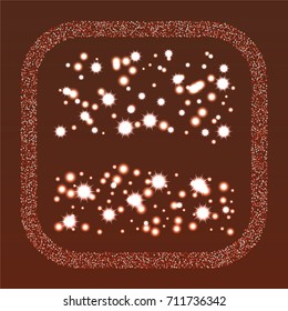 Square xmas frame or border of a random scatter red stars with christmas lights, snowflakes and sparkles, on a burgundy background.