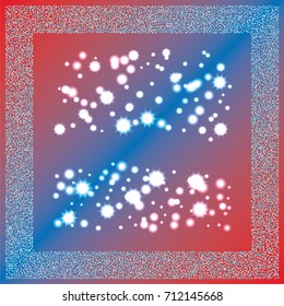 Square xmas frame or border of a random scatter blue stars with christmas lights, snowflakes and sparkles, on a blue-red background.