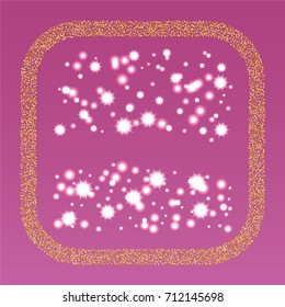 Square xmas frame or border of a random scatter golden stars with christmas lights, snowflakes and sparkles, on an indigo  background.