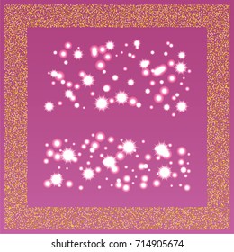 Square xmas frame or border of a random scatter golden stars with christmas lights, snowflakes and sparkles, on an indigo  background.