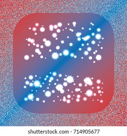 Square xmas frame or border of a random scatter blue stars with christmas lights, snowflakes and sparkles, on a blue-red background.