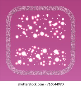 Square xmas frame or border of a random scatter silver stars with christmas lights, snowflakes and sparkles, on an indigo  background.