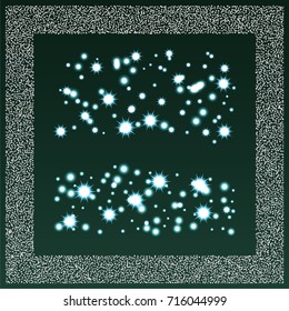 Square xmas frame or border of a random scatter silver stars with christmas lights, snowflakes and sparkles, on a green background.
